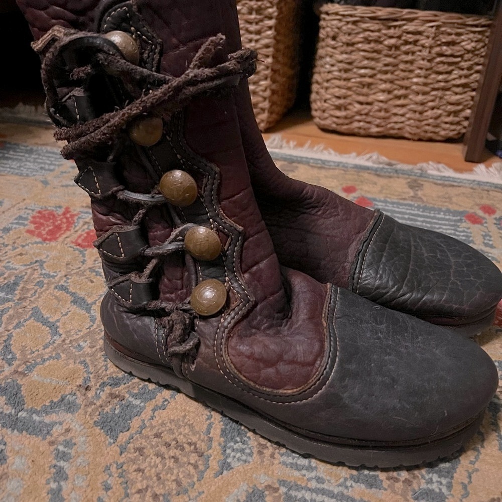 Handmade Buffalo Leather Lace Up Boots Moccasins Brown Vibram Soles 10/10.5